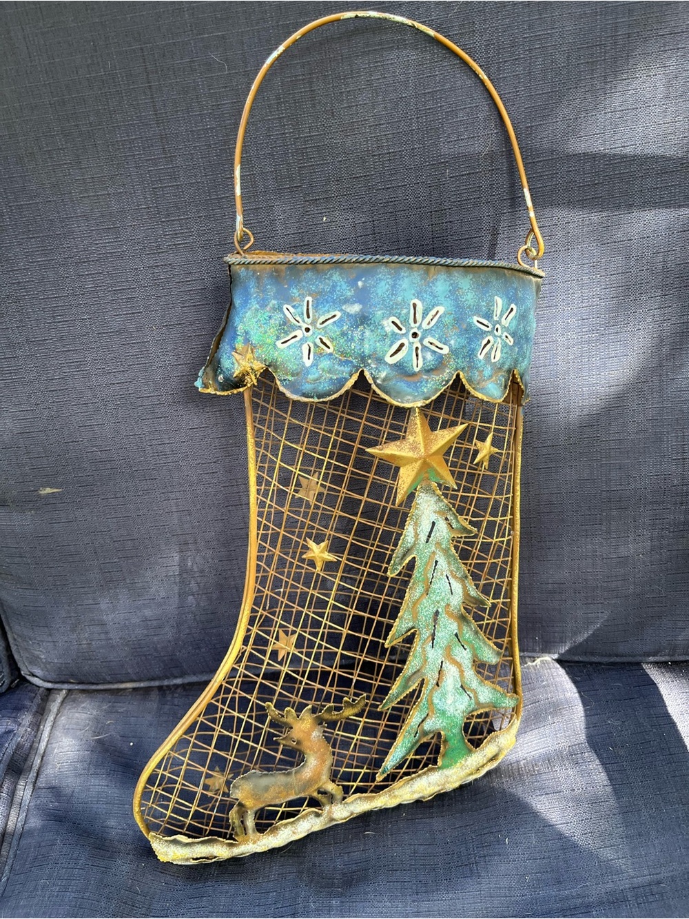 Gold and Teal Metal Christmas Stocking Wall Hanging - Unbranded